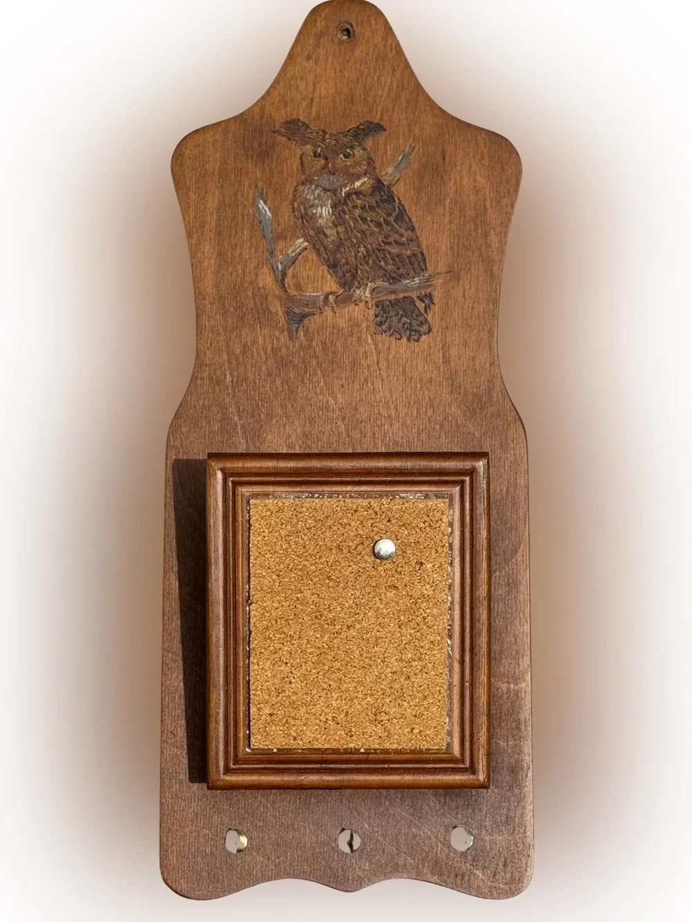 Vintage Wooden Owl Wall Cork Frame & Key Hanger- Rustic Brown
